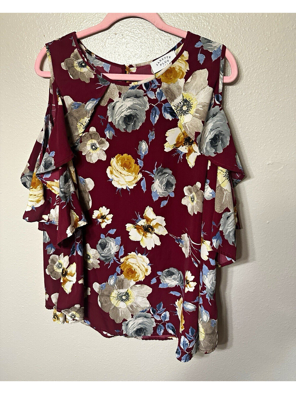 Janette Plus Womens 2X Burgundy Floral Cold Shoulder Ruffle Blouse Top